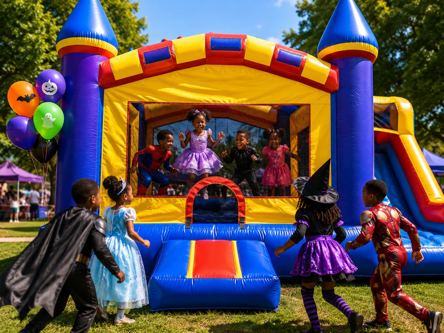 Children playing in an inflatable bounce house.