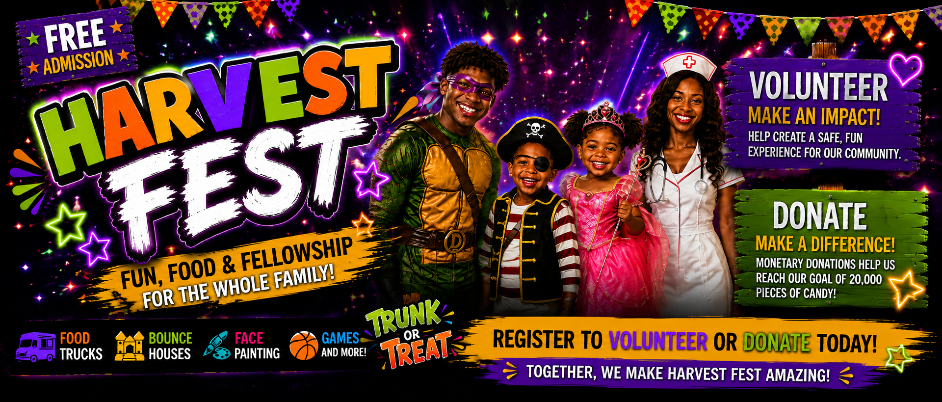 Harvest Fest — free family festival with Trunk or Treat, food trucks, bounce houses, face painting and games. Saturday, October 31, 12:00 to 2:00 PM, 820 E. Wintergreen Road, Cedar Hill, Texas.