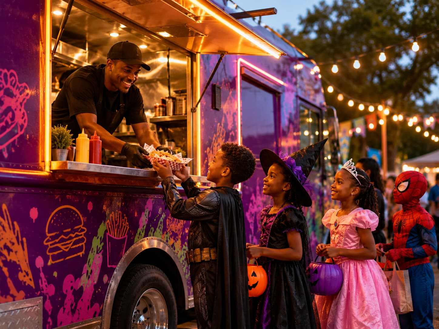 A food truck parked at Harvest Fest with people ordering.